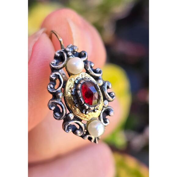 1900s German Red Pyrope Garnet, 585 GOLD, 800 Silver, Pearl Biedermeier Earrings - Picture 10 of 10